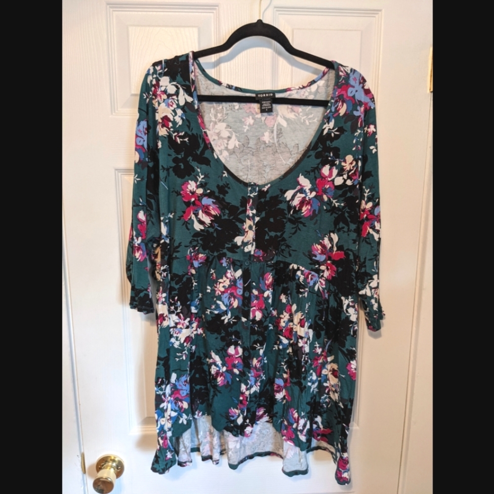Teal Floral Babydoll Tunic with 3/4 Sleeve